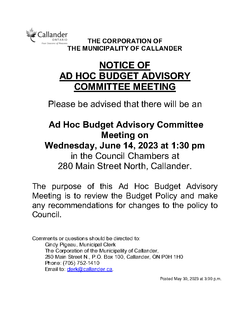 Notice of Ad Hoc Budget Advisory Committee Meeting